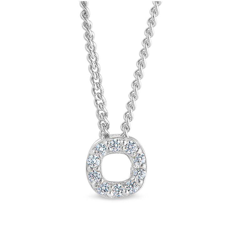 Platinum finish sterling silver micropave o initial pendant with simulated diamonds on 18 curb chain
