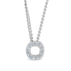 Platinum finish sterling silver micropave o initial pendant with simulated diamonds on 18 curb chain