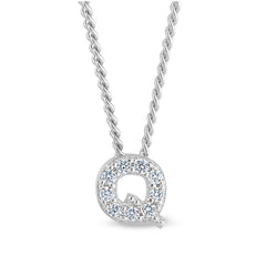 Platinum finish sterling silver micropave q initial pendant with simulated diamonds on 18 curb chain