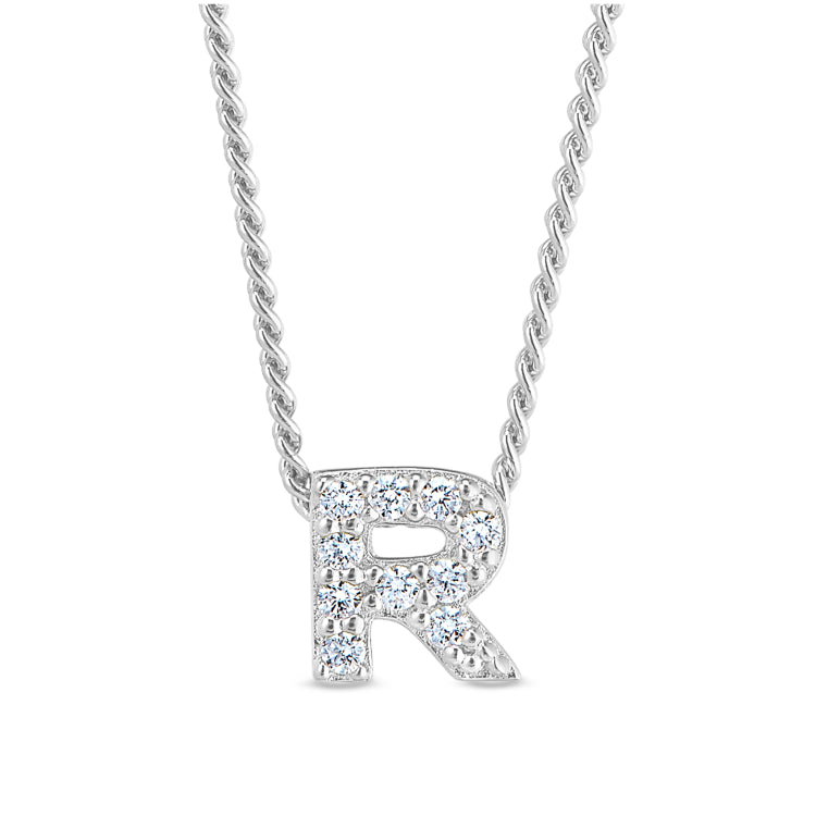 Platinum finish sterling silver micropave r initial pendant with simulated diamonds on 18 curb chain