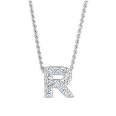 Platinum finish sterling silver micropave r initial pendant with simulated diamonds on 18 curb chain