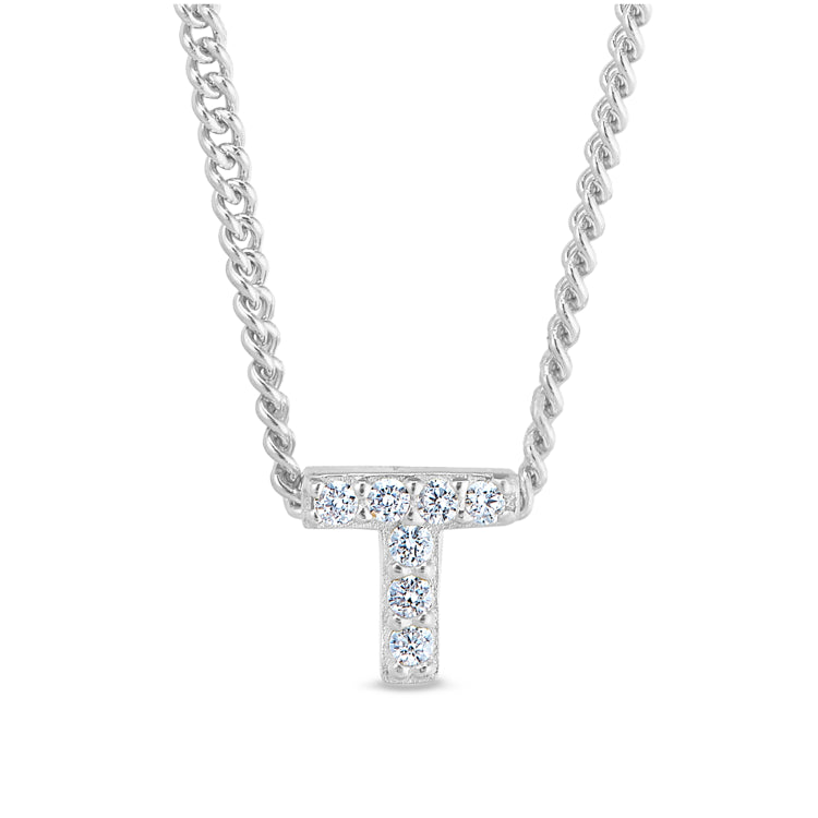 Platinum finish sterling silver micropave t initial pendant with simulated diamonds on 18 curb chain