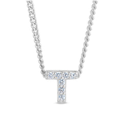 Platinum finish sterling silver micropave t initial pendant with simulated diamonds on 18 curb chain