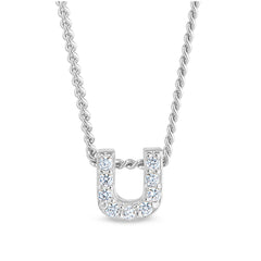 Platinum finish sterling silver micropave u initial pendant with simulated diamonds on 18 curb chain