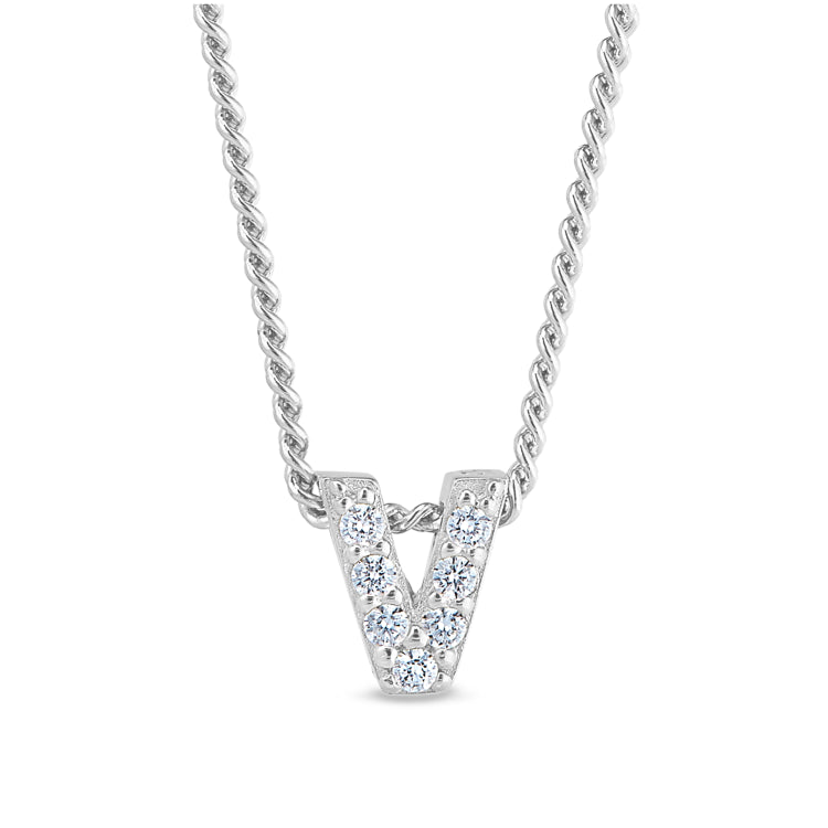 Platinum finish sterling silver micropave v initial pendant with simulated diamonds on 18 curb chain