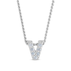 Platinum finish sterling silver micropave v initial pendant with simulated diamonds on 18 curb chain