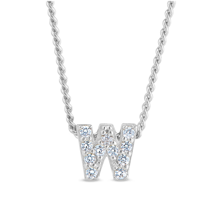 Platinum finish sterling silver micropave w initial pendant with simulated diamonds on 18 curb chain