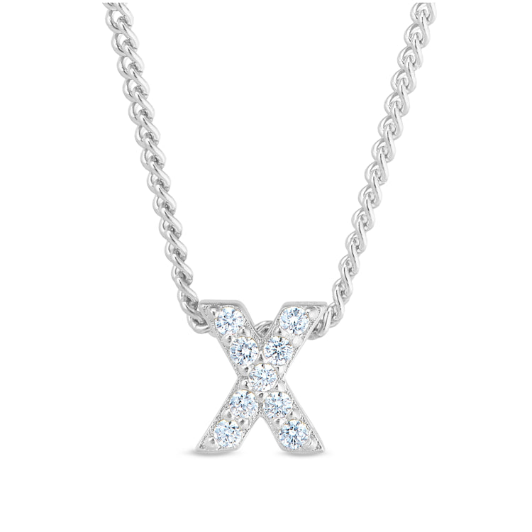 Platinum finish sterling silver micropave x initial pendant with simulated diamonds on 18 curb chain