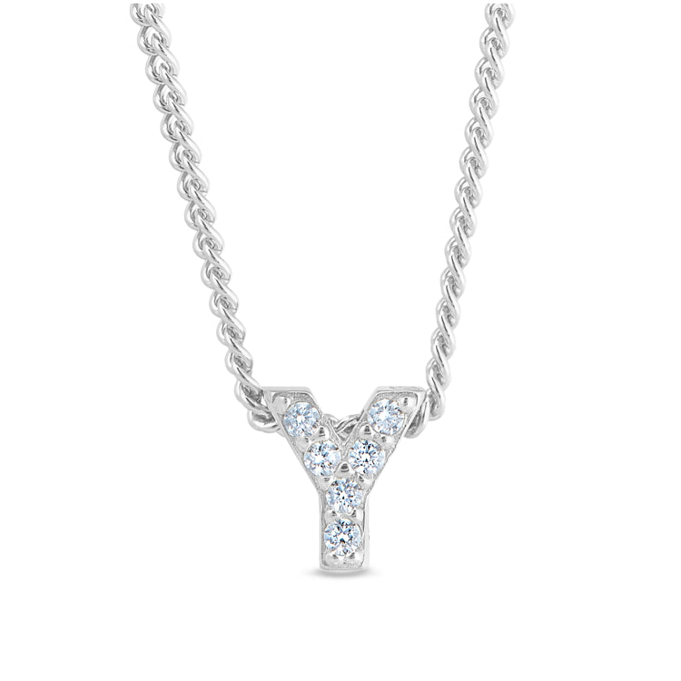 Platinum finish sterling silver micropave y initial pendant with simulated diamonds on 18 curb chain