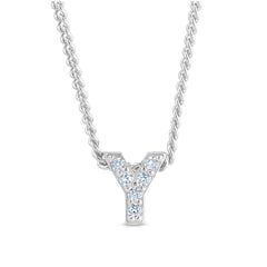 Platinum finish sterling silver micropave y initial pendant with simulated diamonds on 18 curb chain