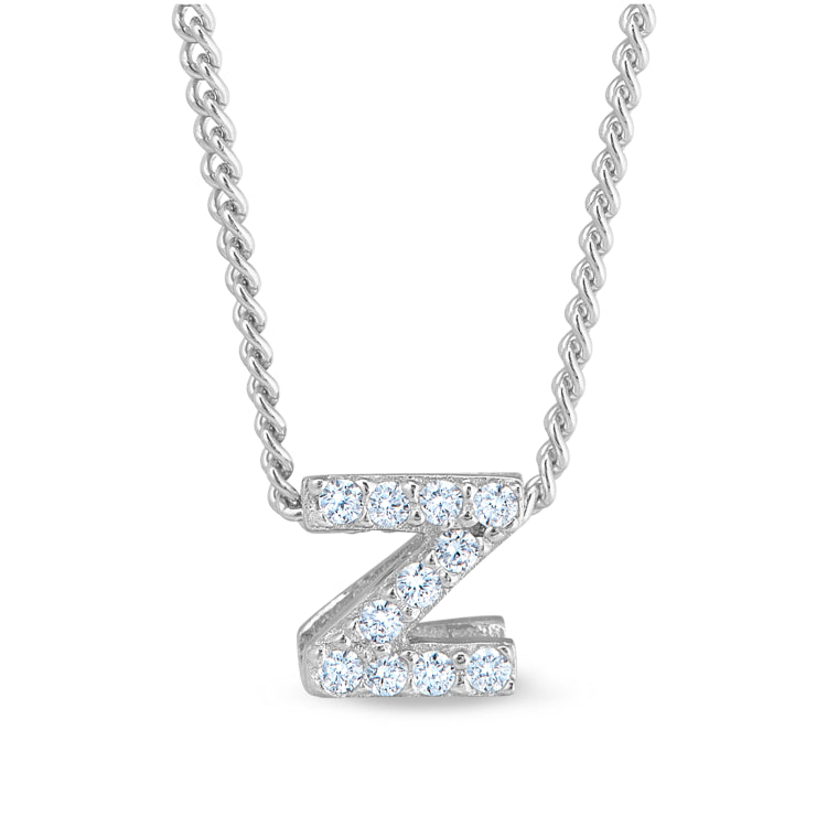 Platinum finish sterling silver micropave z initial pendant with simulated diamonds on 18 curb chain