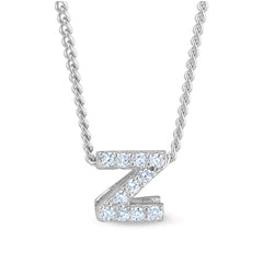 Platinum finish sterling silver micropave z initial pendant with simulated diamonds on 18 curb chain