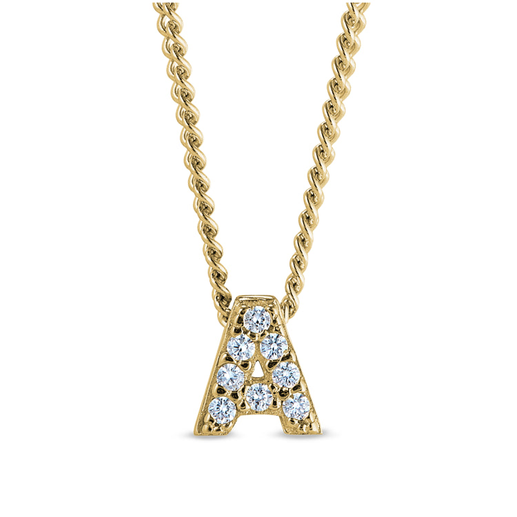 Gold finish sterling silver micropave a initial pendant with simulated diamonds on 18 curb chain
