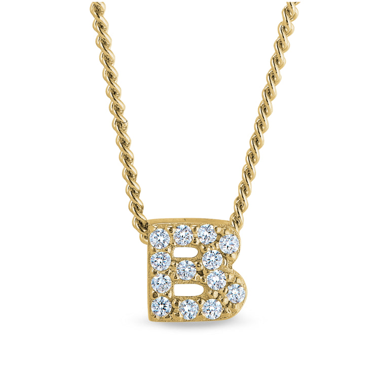 Gold finish sterling silver micropave b initial pendant with simulated diamonds on 18 curb chain