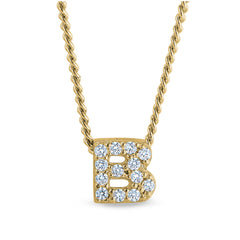 Gold finish sterling silver micropave b initial pendant with simulated diamonds on 18 curb chain