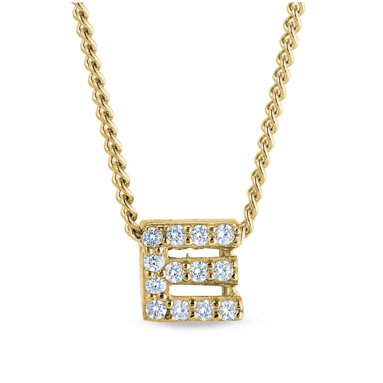 Gold finish sterling silver micropave e initial pendant with simulated diamonds on 18 curb chain