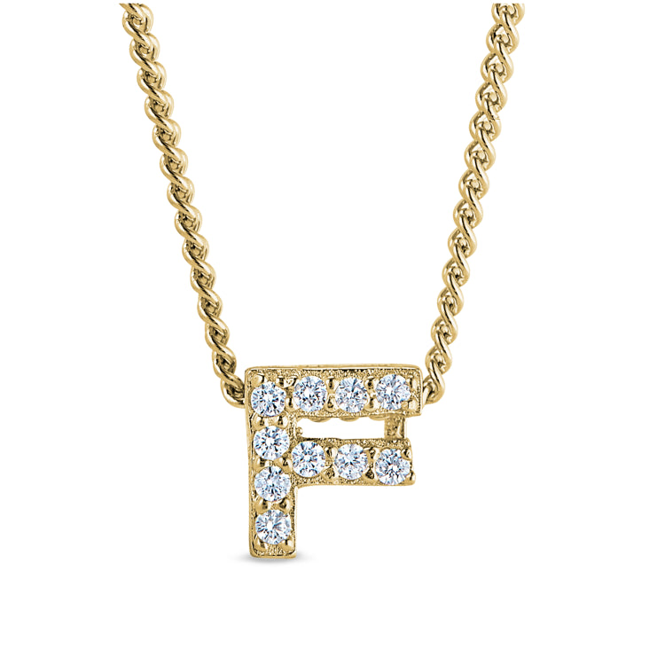 Gold finish sterling silver micropave f initial pendant with simulated diamonds on 18 curb chain