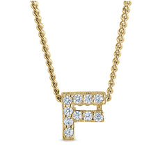 Gold finish sterling silver micropave f initial pendant with simulated diamonds on 18 curb chain