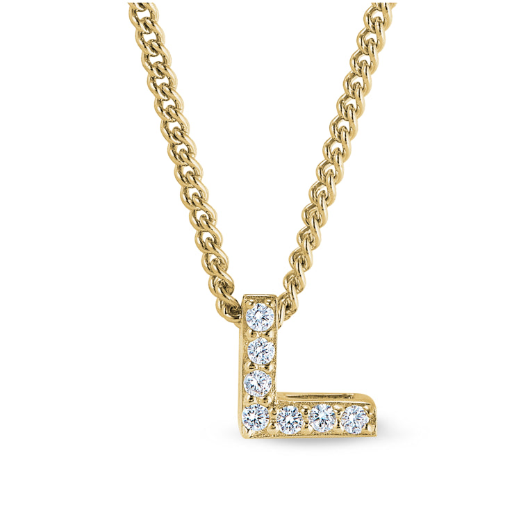 Gold finish sterling silver micropave l initial pendant with simulated diamonds on 18 curb chain