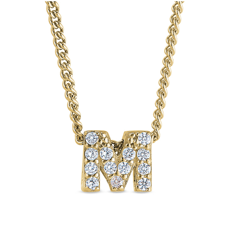 Gold finish sterling silver micropave m initial pendant with simulated diamonds on 18 curb chain