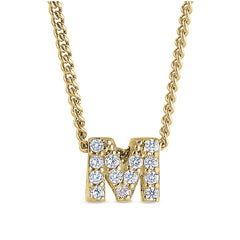 Gold finish sterling silver micropave m initial pendant with simulated diamonds on 18 curb chain