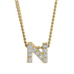 Gold finish sterling silver micropave n initial pendant with simulated diamonds on 18 curb chain