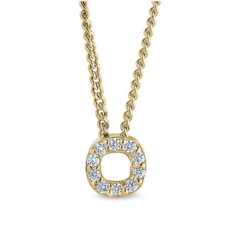 Gold finish sterling silver micropave o initial pendant with simulated diamonds on 18 curb chain
