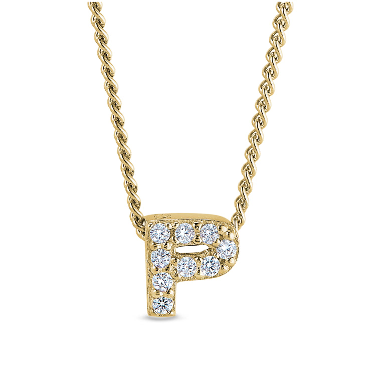 Gold finish sterling silver micropave p initial pendant with simulated diamonds on 18 curb chain