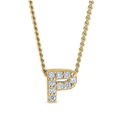 Gold finish sterling silver micropave p initial pendant with simulated diamonds on 18 curb chain