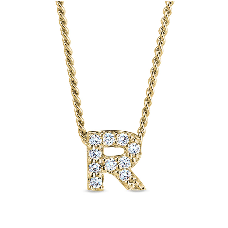 Gold finish sterling silver micropave r initial pendant with simulated diamonds on 18 curb chain
