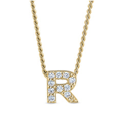 Gold finish sterling silver micropave r initial pendant with simulated diamonds on 18 curb chain