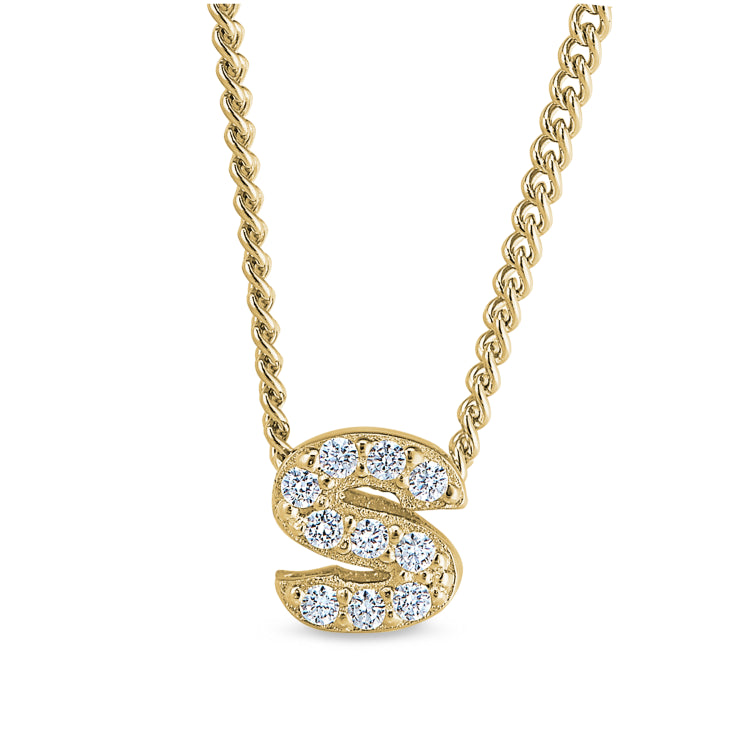 Gold finish sterling silver micropave s initial pendant with simulated diamonds on 18 curb chain