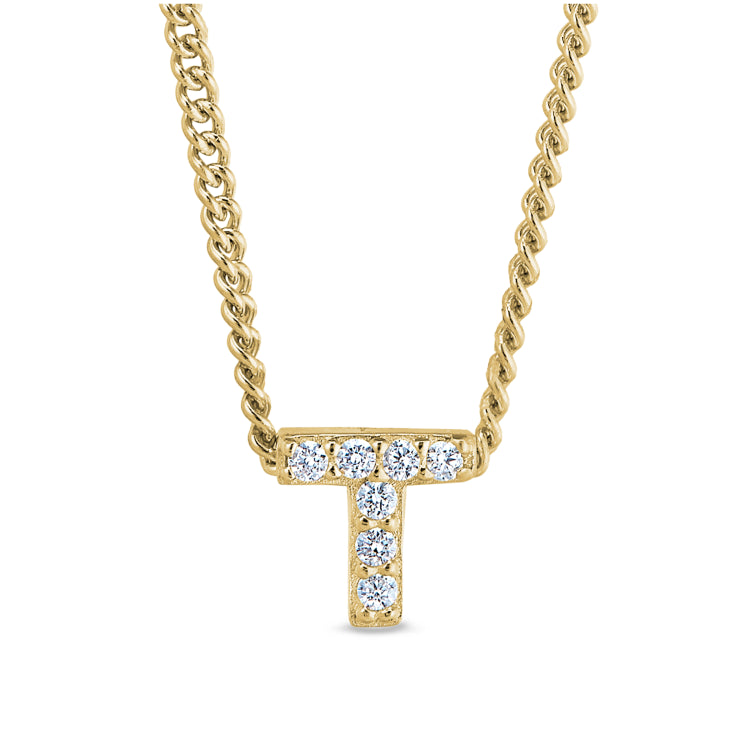 Gold finish sterling silver micropave t initial pendant with simulated diamonds on 18 curb chain