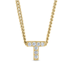 Gold finish sterling silver micropave t initial pendant with simulated diamonds on 18 curb chain