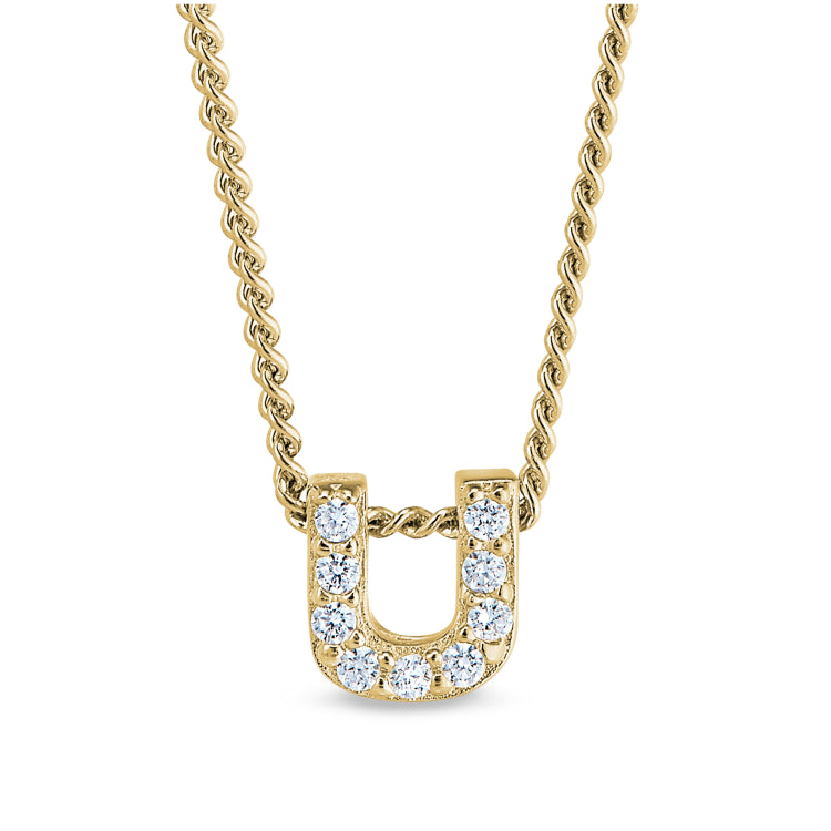 Gold finish sterling silver micropave u initial pendant with simulated diamonds on 18 curb chain