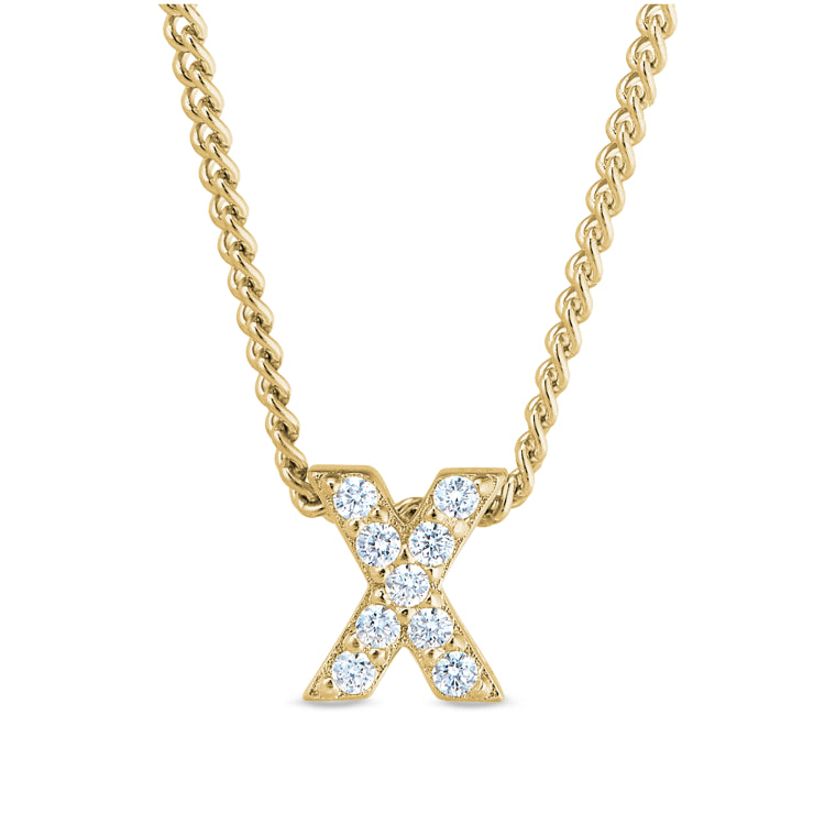 Gold finish sterling silver micropave x initial pendant with simulated diamonds on 18 curb chain