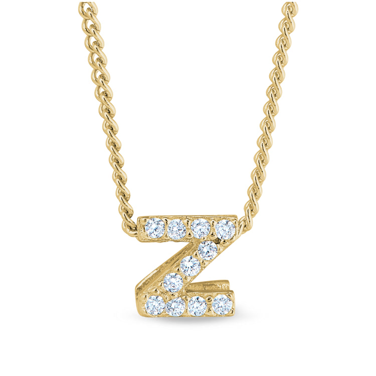 Gold finish sterling silver micropave z initial pendant with simulated diamonds on 18 curb chain