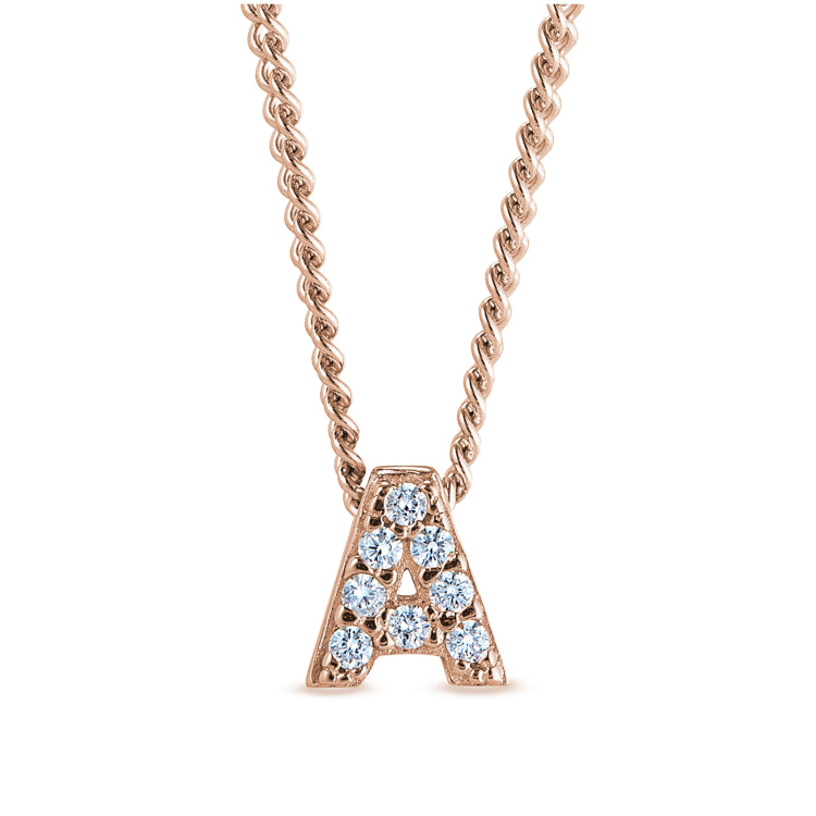 Rose gold finish sterling silver micropave a initial pendant with simulated diamonds on 18 curb chain