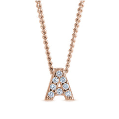 Rose gold finish sterling silver micropave a initial pendant with simulated diamonds on 18 curb chain
