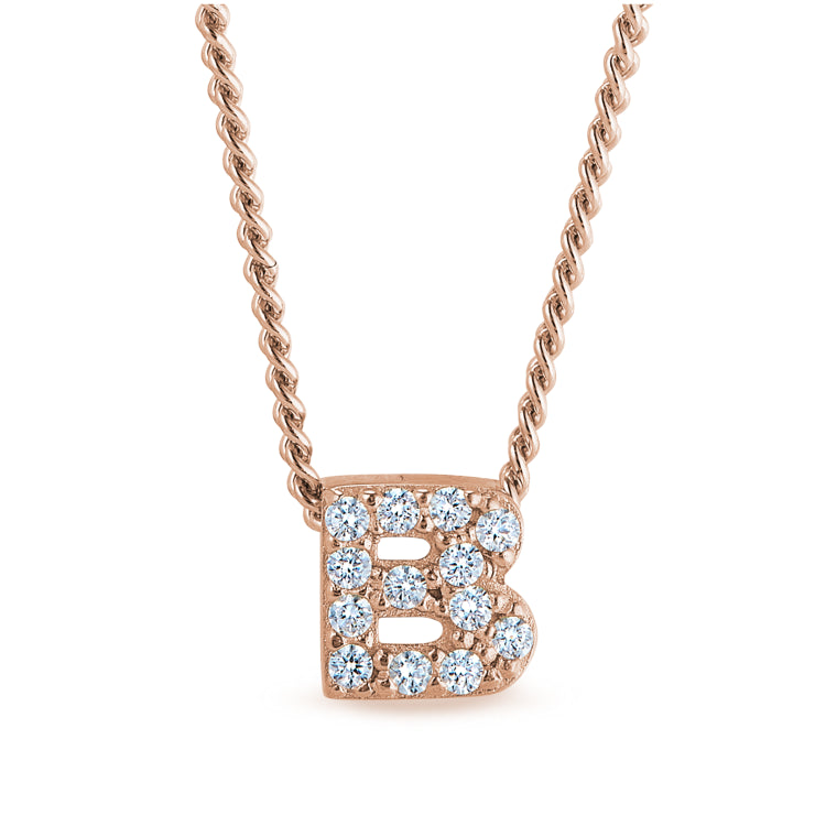 Rose gold finish sterling silver micropave b initial pendant with simulated diamonds on 18 curb chain
