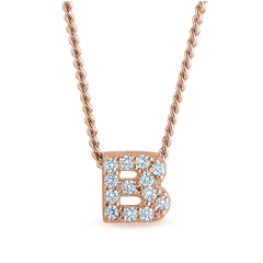 Rose gold finish sterling silver micropave b initial pendant with simulated diamonds on 18 curb chain