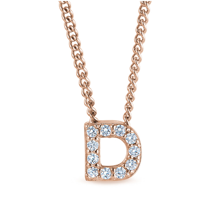 Rose gold finish sterling silver micropave d initial pendant with simulated diamonds on 18 curb chain