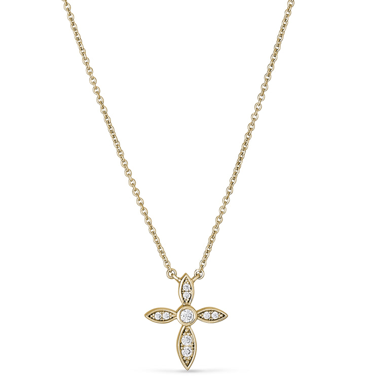 Gold finish sterling silver micropave marquis cross pendant with simulated diamonds on 16-18 adjustable chain