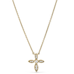 Gold finish sterling silver micropave marquis cross pendant with simulated diamonds on 16-18 adjustable chain