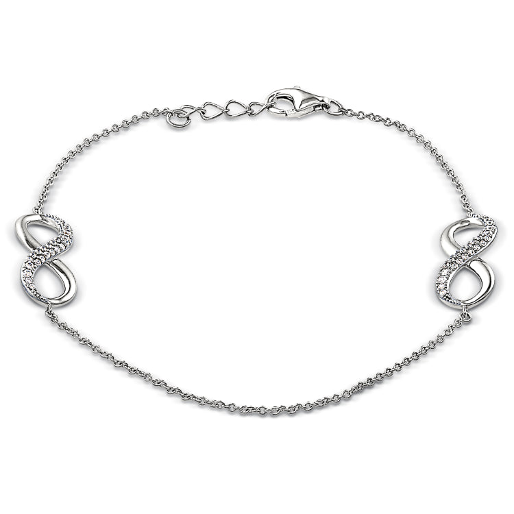 Platinum finish sterling silver micropave double infinity bracelet, simulated diamonds with 7.25 cable chain & .5 extender