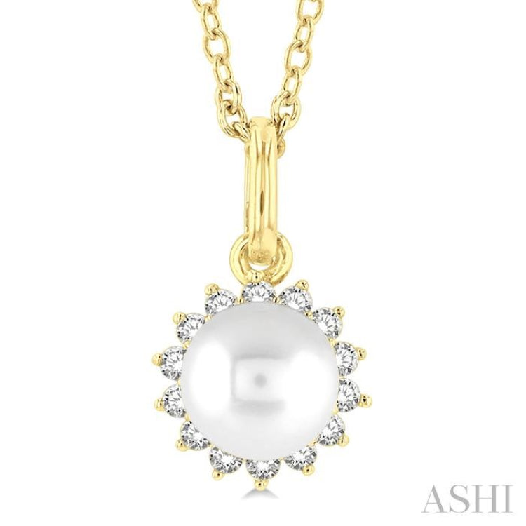 6 MM Round Shape Cultured Pearl and 1/10 Ctw Petite Round Cut Diamond Fashion Pendant With Chain in 10K Yellow Gold