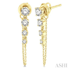 1 Ctw Journey Round Cut Diamond Fashion Long Chain Earrings in 14K Yellow Gold