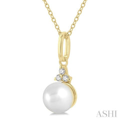 6 MM Round Shape Cultured Pearl and 1/50 Ctw Round Cut Diamond Petite Fashion Pendant With Chain in 10K Yellow Gold