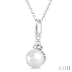 6 MM Round Shape Cultured Pearl and 1/50 Ctw Round Cut Diamond Petite Fashion Pendant With Chain in 10K White Gold