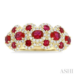 1/2 ctw Scalloped Edge 4X3 MM Oval & 2.2 MM Round Cut Ruby and Round Cut Diamond Precious Ring in 14K Yellow Gold